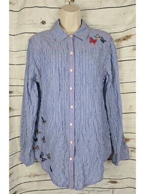 Johnny Was 3J Workshop Striped Butterflies Embroidered Top M Button Crinkle